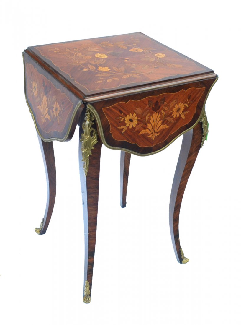 Mahogany Handkerchief Table: Mahogany inlaid bronze mounted table. [32" x 32" x 31" h].