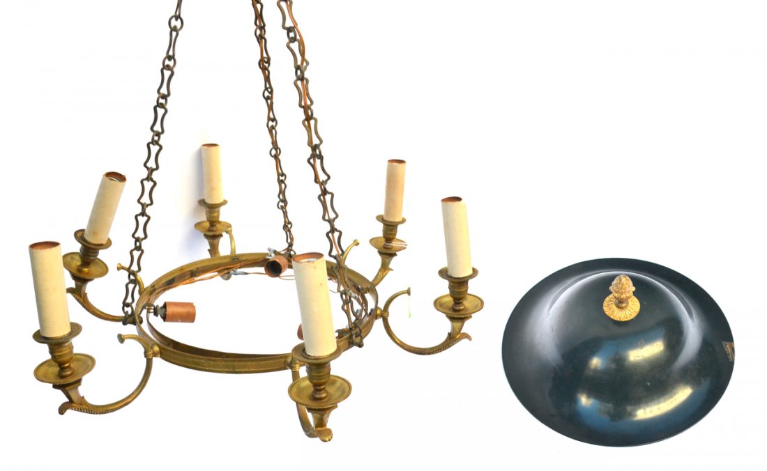 Empire Style 6-Light Fixture: Gilt-bronze fixture with acorn finial. [26" dia x 18" h].