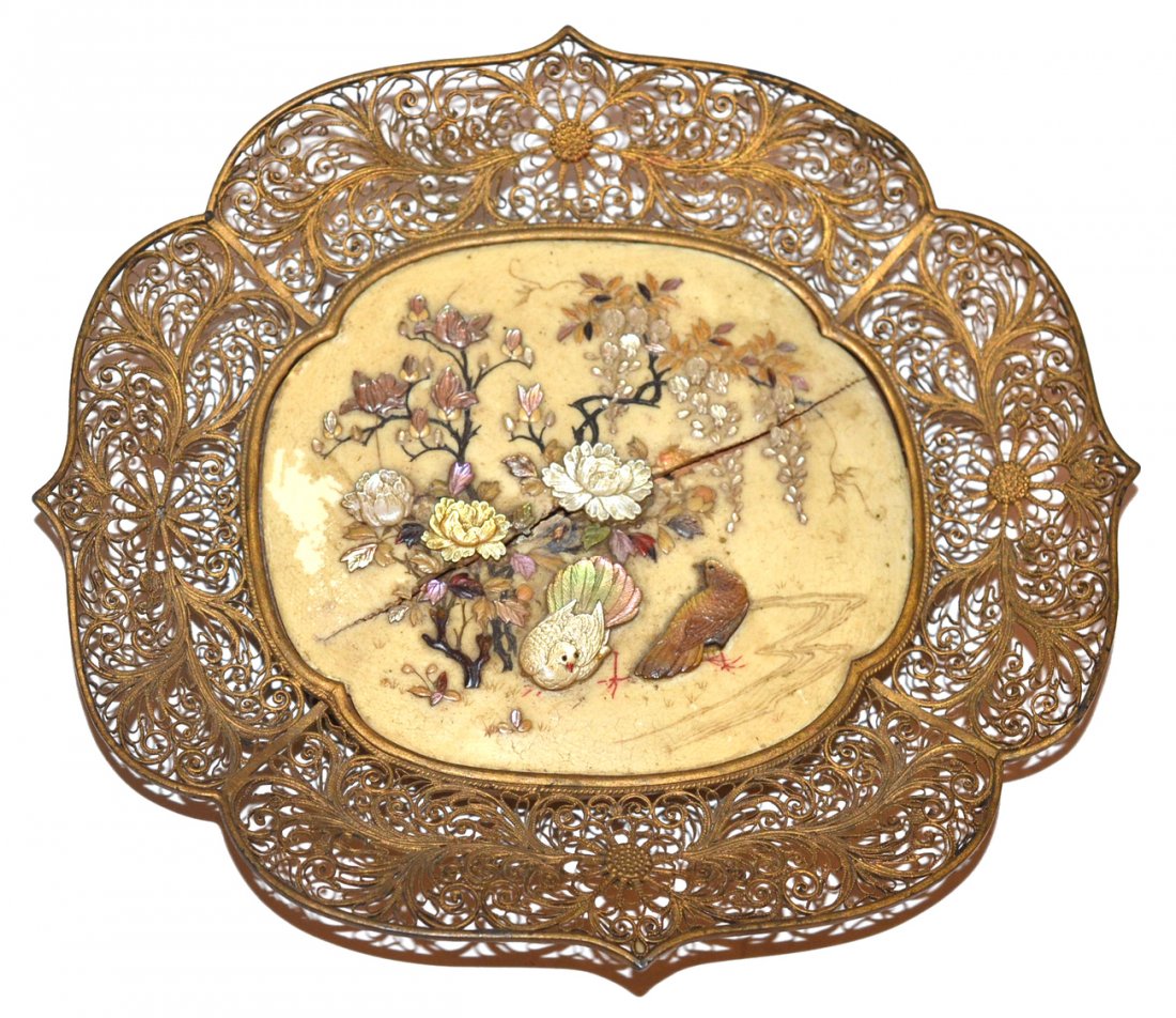 Antique Japanese Shibayama Plaque: Having mother-of-pearl and abalone decoration of peonies, wisteria and birds; and with filigree gilt metal border. Large crack through ivory. [7 1/2" l x 6 1/4" w].