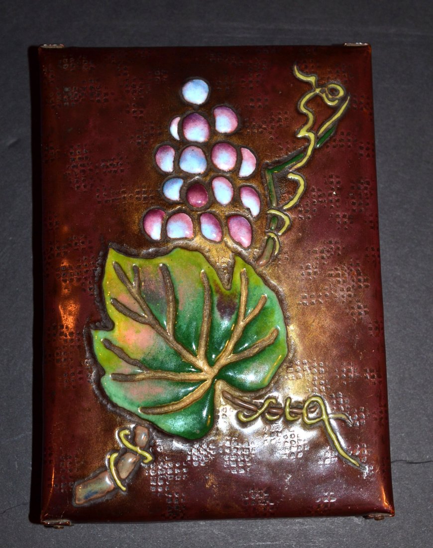 Meiji "Ando" Enamel Box: Having grapes and vine motif in highly raised enamel against a hammered and textured surface with a lined interior. Good condition. (6 1/2" l x 4 1/2" w x 1"h)