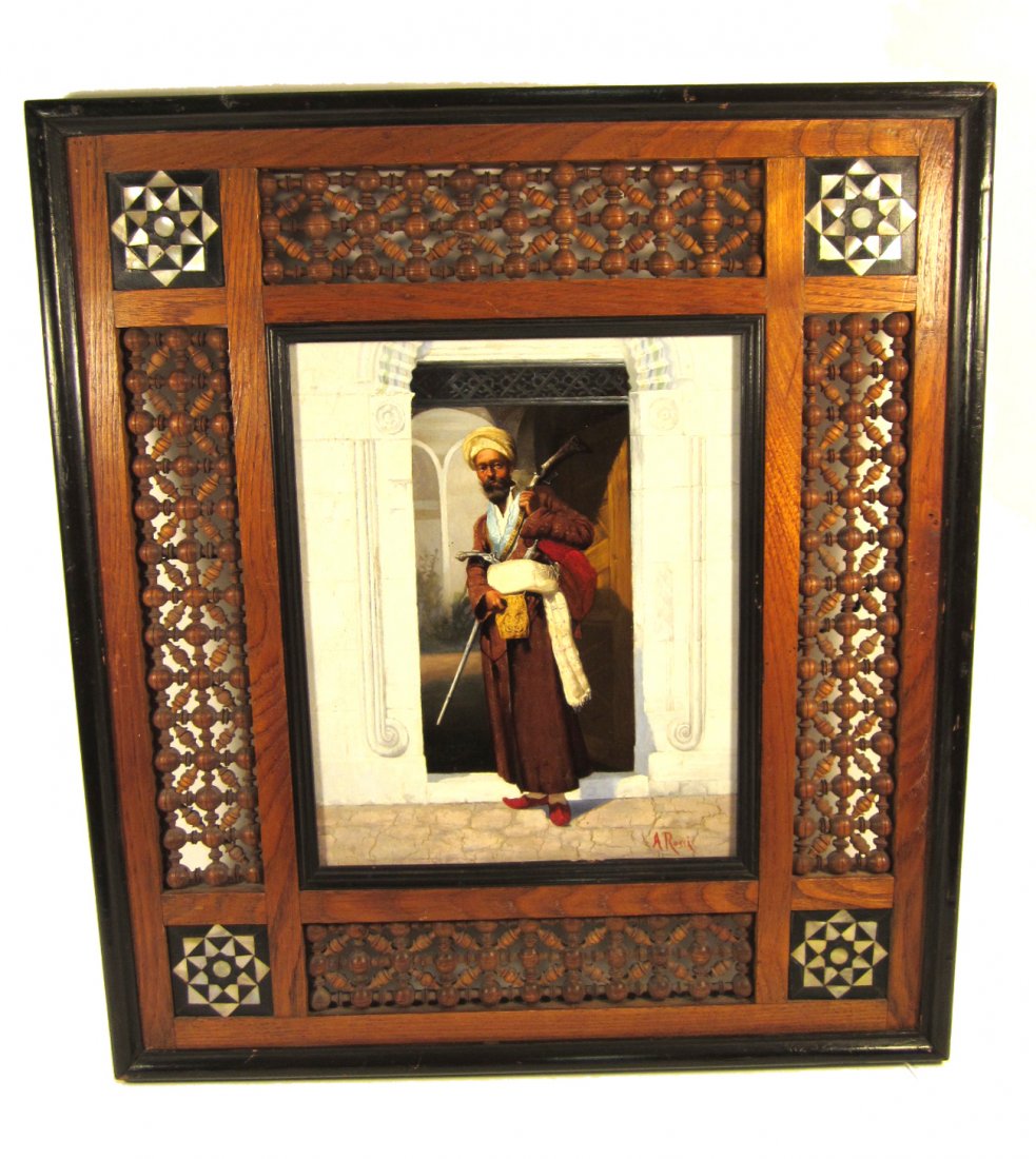A. Rossi - Oil On Board: Persian rebel, signed lower right. Inlaid and carved Syrian frame. In good condition. [Art: 8 1/4" x 10". Frame: 16 3/4" x 18 3/4"].