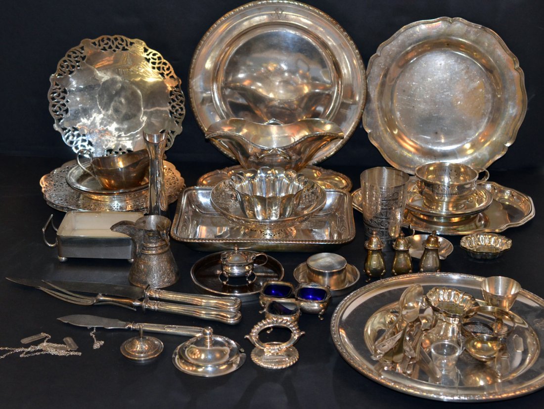 Assorted Silver-Plated Table Articles: Including cake dishes, trays, sauce boat, etc. Overall good condition.