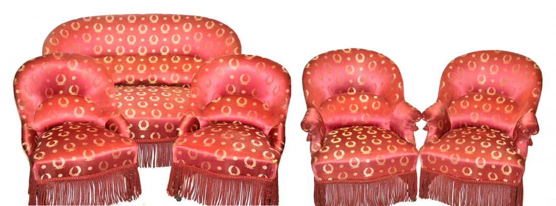 Five-Piece Napoleon III Suite: Comprises settee, pair of bergères, and a pair of slipper chairs. All requiring reupholstery. Settee: 54 1/2" w x 26" d x 33" h]. From the Estate of Paul Szilard.