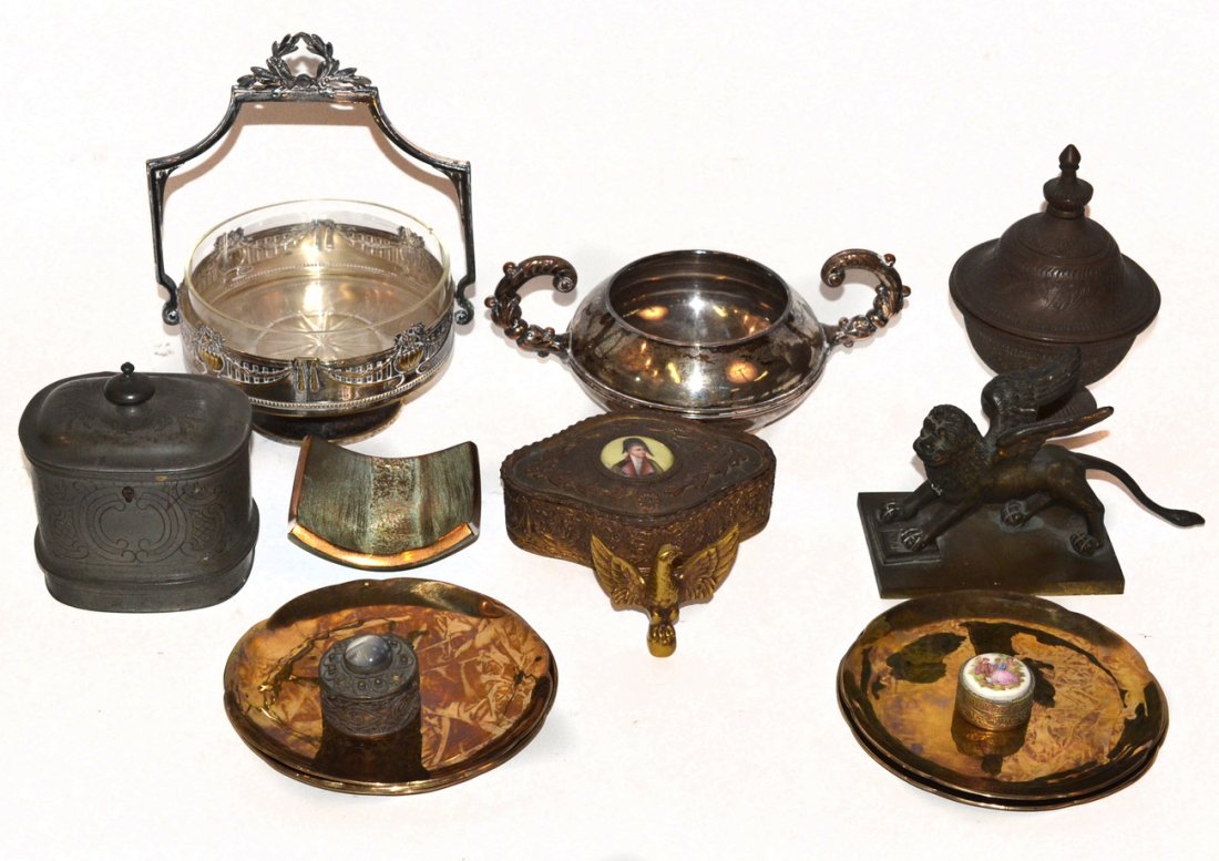 Antique and Vintage Mixed Metal Articles: Features: antique parcel-gilt box with bronze accents and hand-painted porcelain portrait medallion; Battersea box with porcelain courting scene lid; pill box with agate cabochon lid; antique pewter c