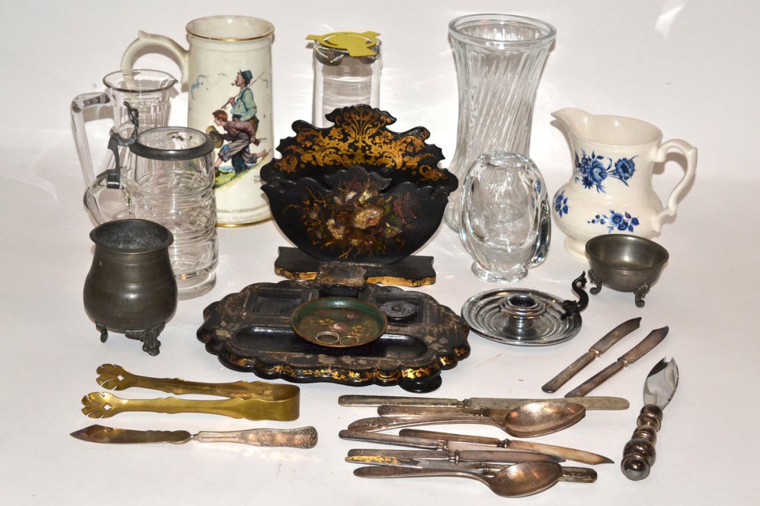 Box Lot: Assorted Decorative Articles: Includes: partial victorian papier mache desk set with mother of pearl; art glass vase with wheel cut floral spray; Gorham ceramic Norman Rockwell tankard; various glass, ceramic and metal vessels; mi