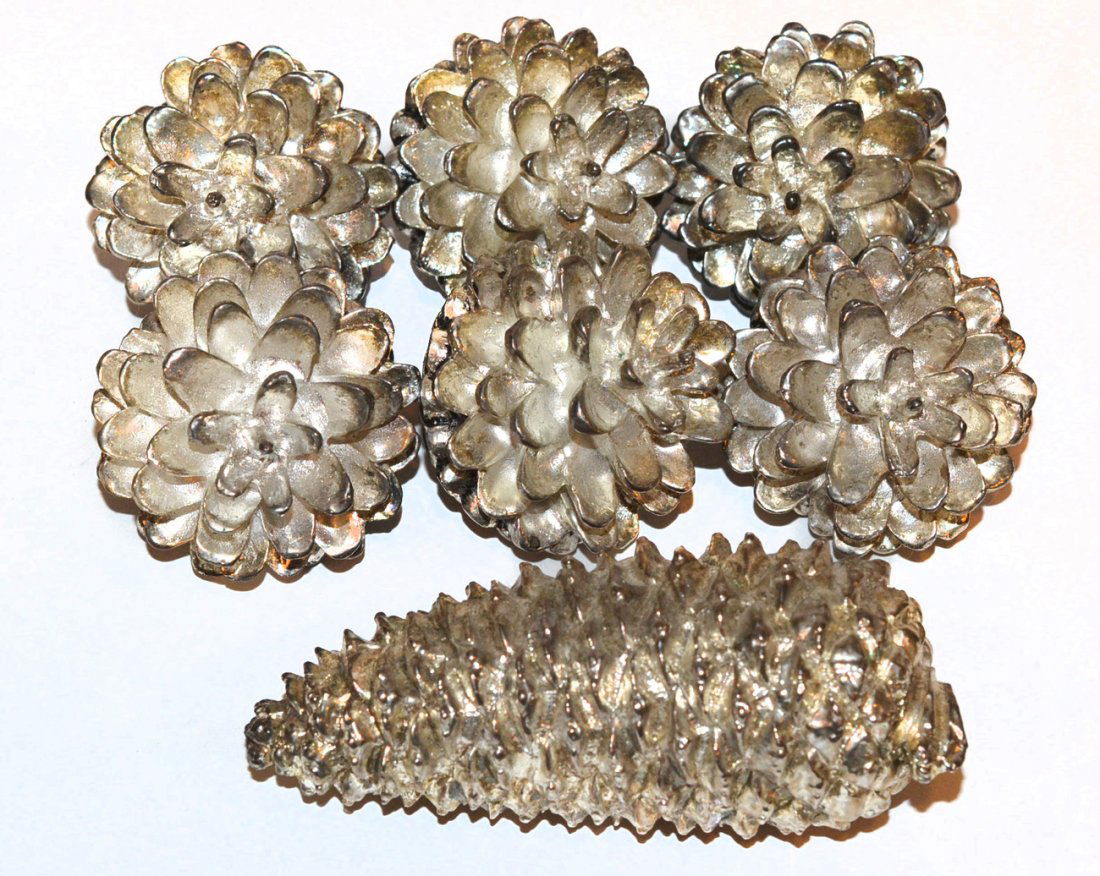Seven Silver Clad Pinecones: All but one having loop for hanging. In good condition. [4 7/8" largest]