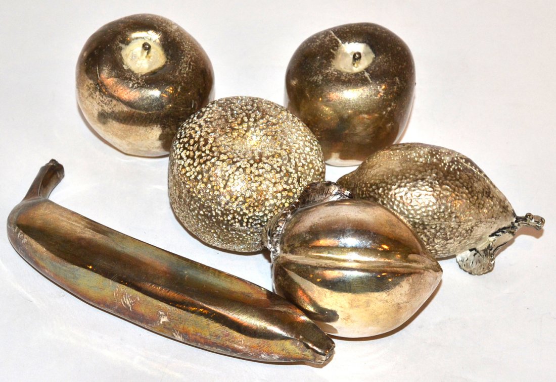 Six Silver Clad Fruits: Includes two apples, an orange, lemon, peach and banana. All in good condition. [7 1/2" l]