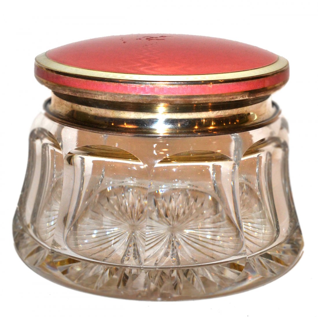 Large Enameled Silver & Glass Powder Jar: Having pink and white engine turned enamel cover. In good condition. [4 1/2" h x 6 1/2" dia]