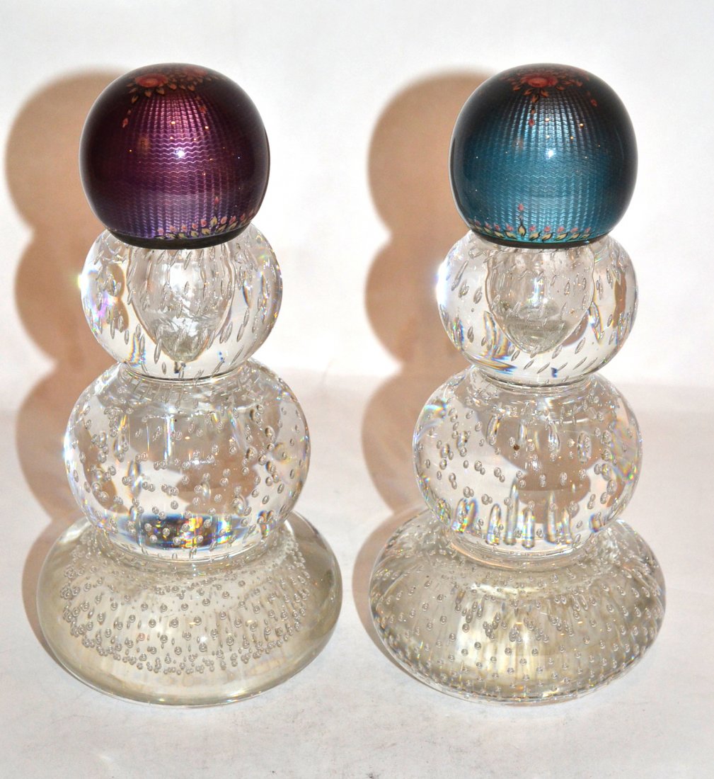 Pair of Silver Enamel & Glass Scent Bottles: With interior controlled bubbles in the pairpoint style.