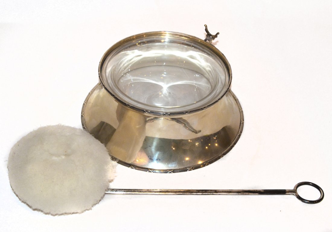 Tiffany Sterling Powder Puff Set: Two piece set includes long handle applicator with sterling ring form stand set with glass inset. In good condition. [Applicator 14 1/2" l;] 14.64 ozt inclusive