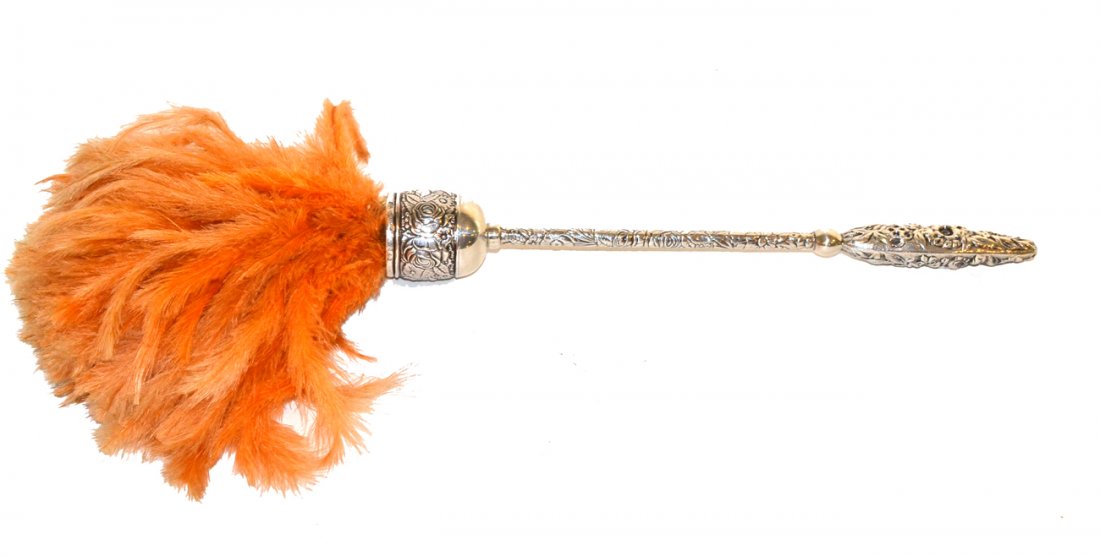 Sterling Handled Feather Duster: With repousse handle and original orange feathered mop. In good condition. [16" l;] 2.53 ozt inclusive
