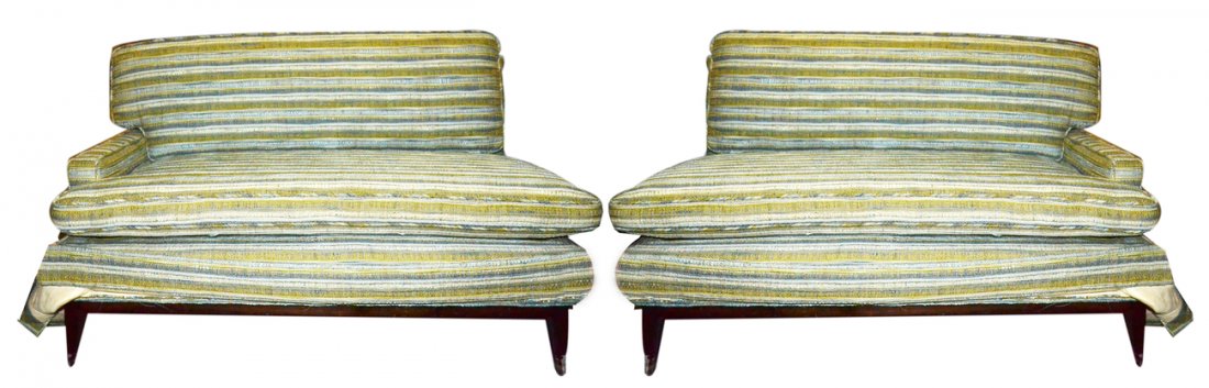 Edward Wormley Sofa: Two section upholstered sofa with dark stained base. Some light scratching to legs, otherwise in good condition. [34" h x 105" l x 31 1/2" d; height of seat 18"]
