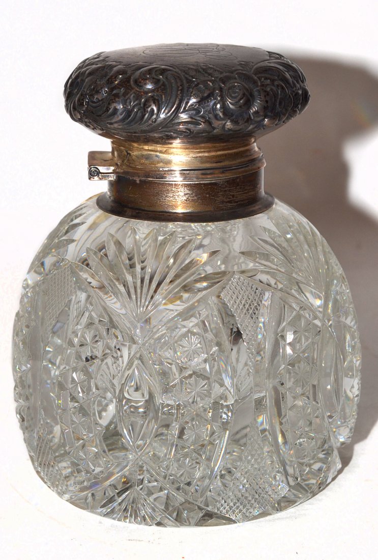 Sterling Mounted Cut Crystal Inkwell: Top is marked "Black, Starr + Frost/Sterling". In good condition. [5 3/4" h].