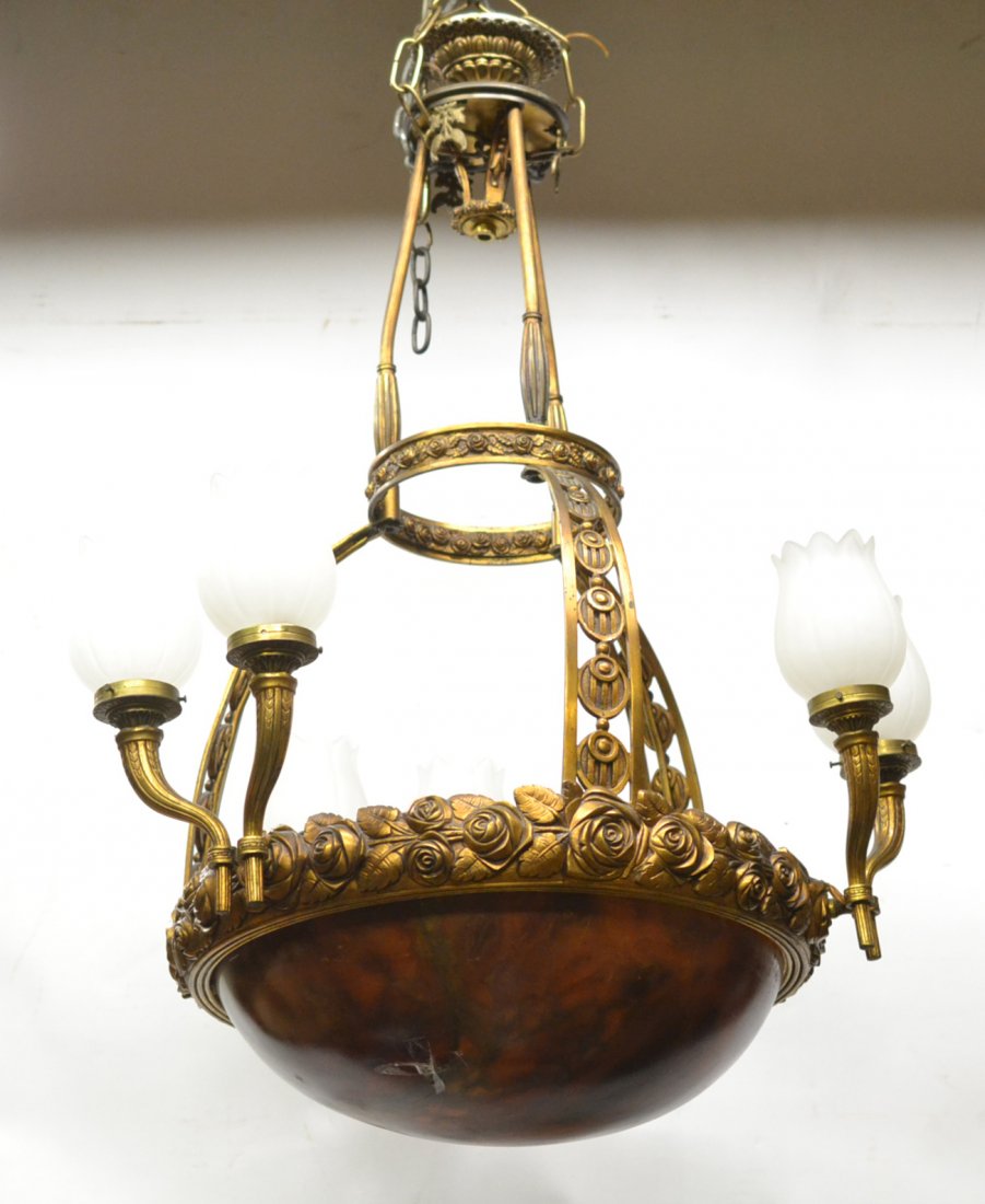 Alabaster and Bronze Fixture: Art Nouveau floral fixture. [36" h x 26" d (18" d shade)].
