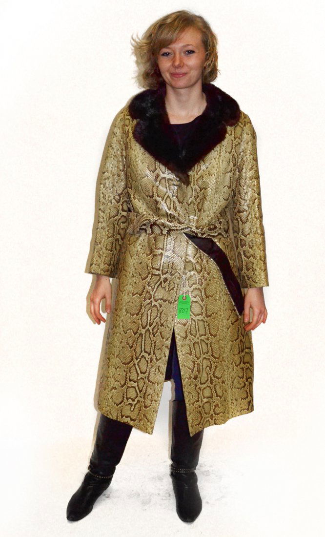 Vintage Snake Skin Coat: Mink lined snake skin with original belt. [46" long]. Fair condition.