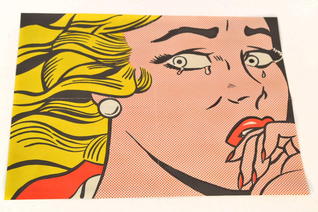 Roy Lichtenstein Printed "Crying Girl" Mailer: Iconic Lichtenstein graphic with printed announcement on verso "Leo Castelli 4 East 77th, New York 21, Roy Lichtenstein, September 28th to October 24th, 1963". Bears a 1963 postal cancellation. Fold w
