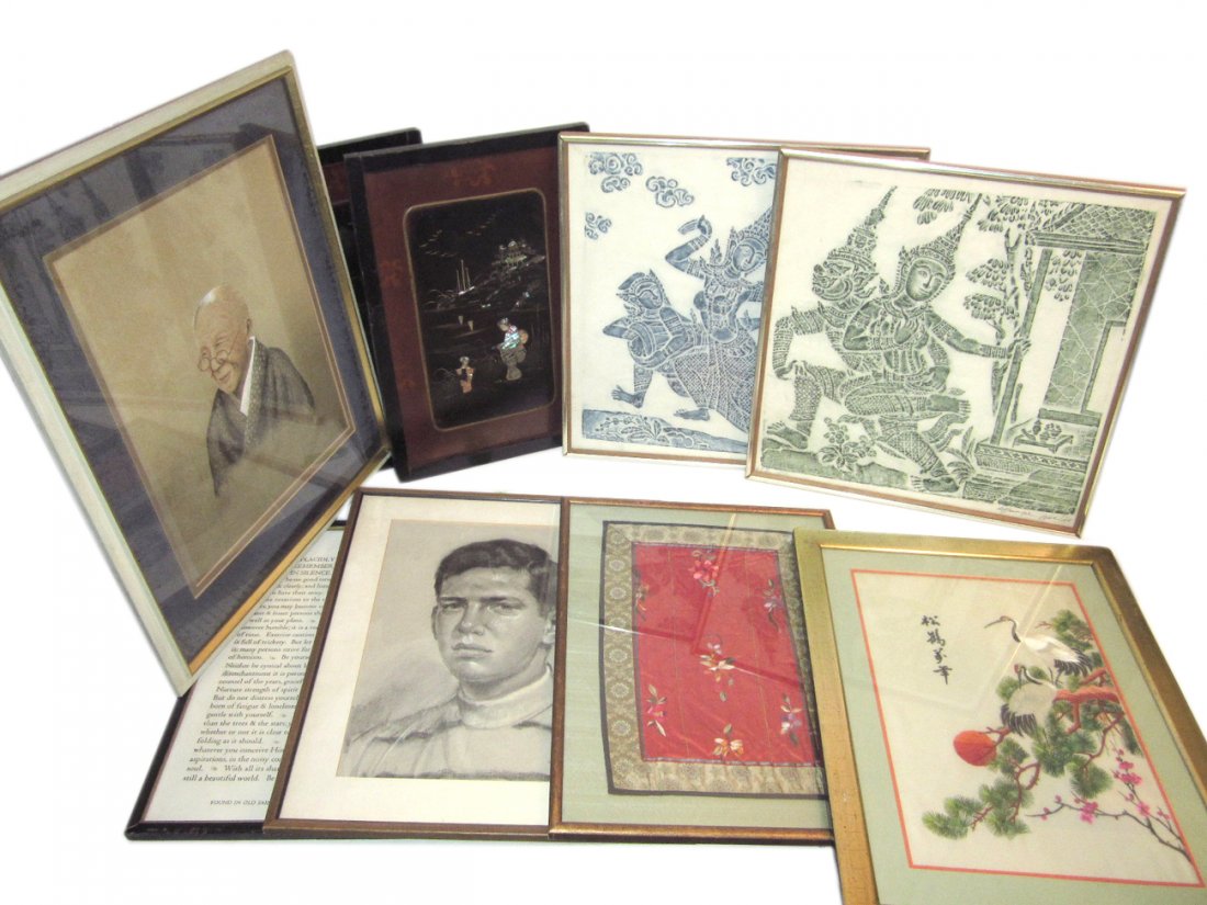 Assorted Framed Art: Comprises 1) Asian embroidered portrait on silk 2) Asian embroidery on silk two red crown cranes 3) Chinese flower embroidered panel 4) Charcoal portrait of a young man 5) Two Tibetan rubbings 6) Two 