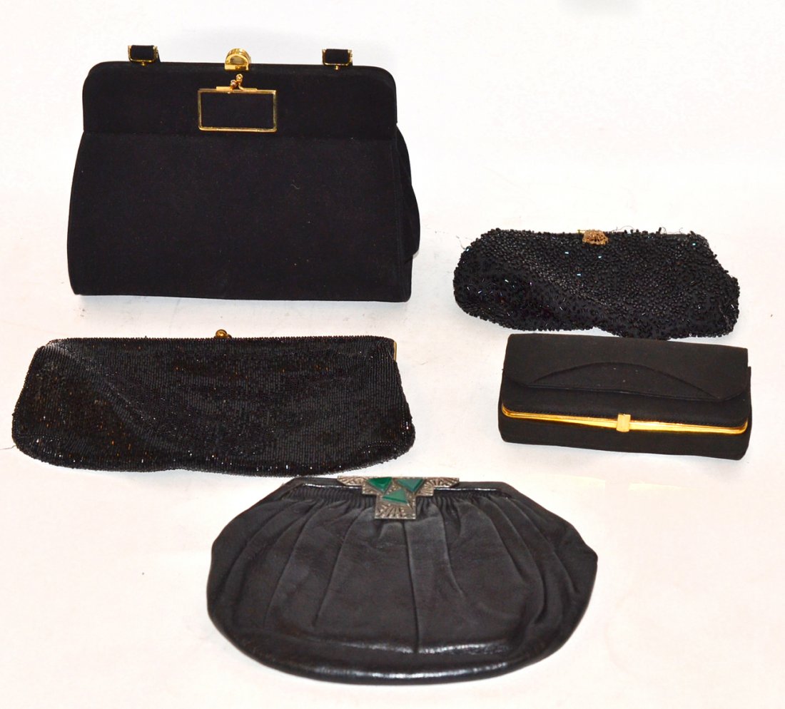 Group of Five Black Evening Bags: Includes minaudiere, art deco marcasite clasped leather clutch, beaded clutches, etc. Fair to good condition. [Largest: 8 1/2" w x 4 1/2" d x 5 3/4" h bag only]