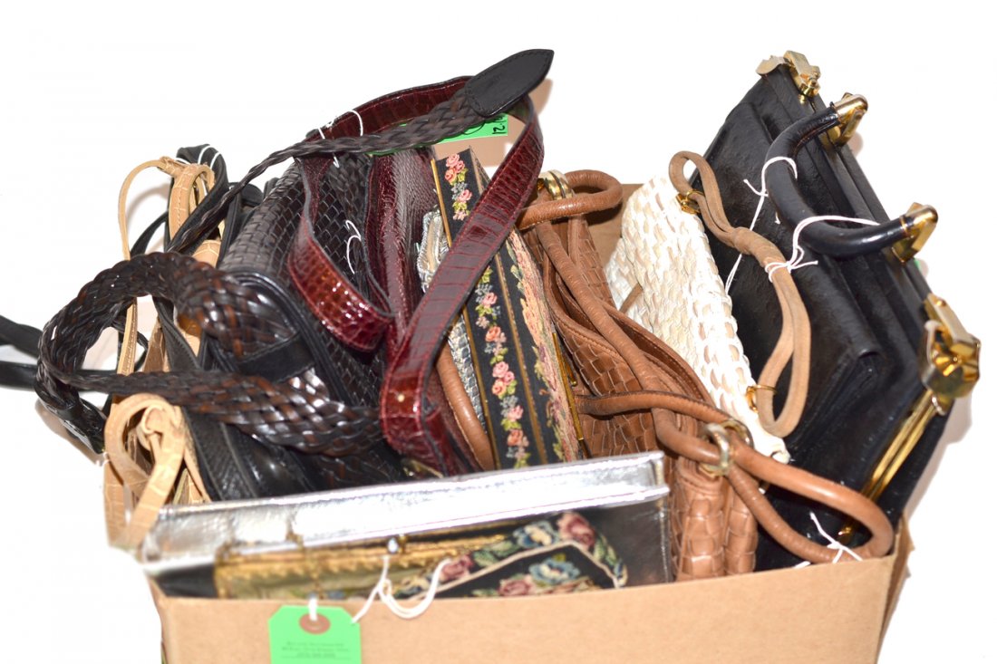 Large Group of Handbags: Includes woven leather, needlepoint, chain maille, etc. 13 bags. Fair to good condition.