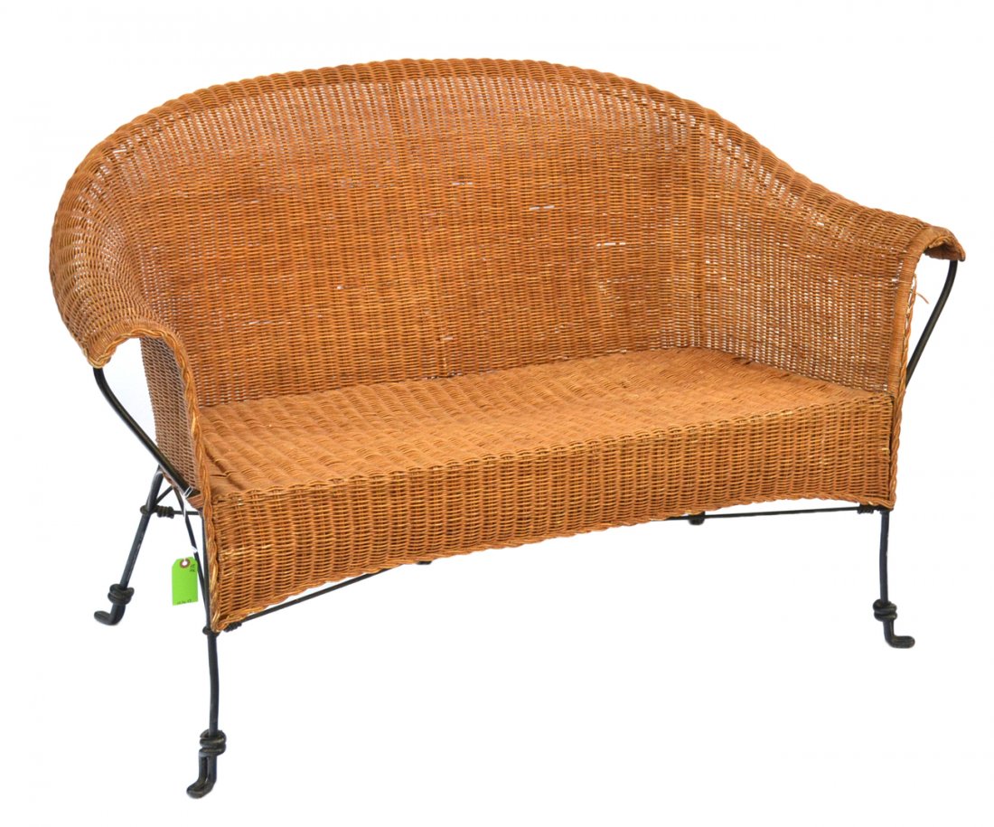Wicker and Iron Settee: [52" x 26" x 28 1/2" h].