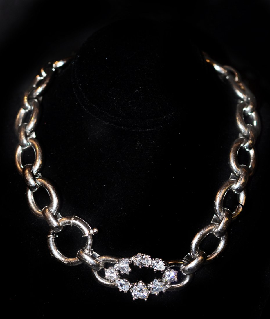 Sterling Chain Link Choker: Mounted with eight paste stones. In good condition. [15" L]. 5.71 ozt inclusive.