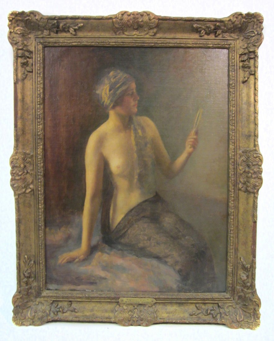 Stanhope Forbes, Oil on Masonite, "Vanity": Allegorical depiction of a seated 3/4 length semi nude female in 1/2 profile, gazing at a hand mirror. Faintly signed bottom left. [Art 23 1/2" x 17 1/2". Frame 28 1/4" x 23 1/2"]. Few minor scuffs in