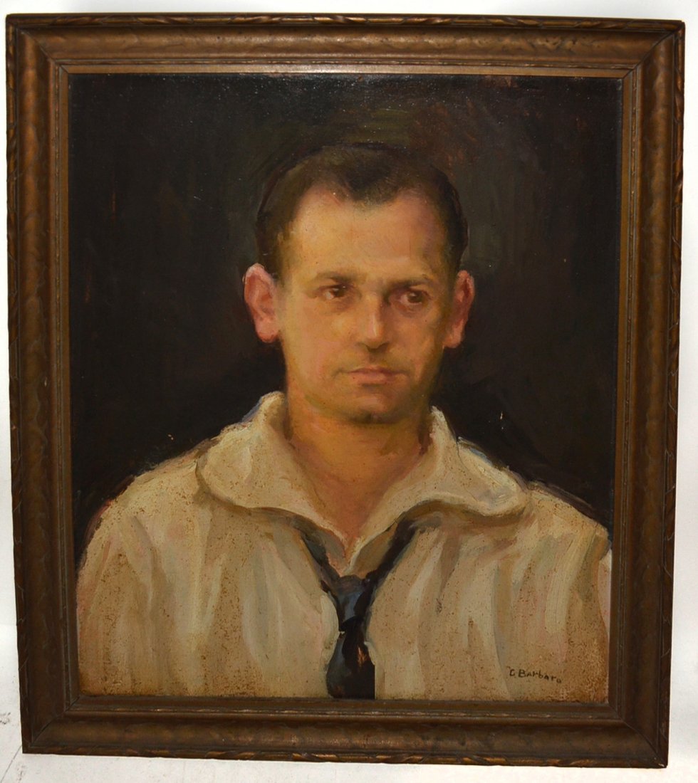 C. Barbaro, Oil on Carton Board Portrait of Sailor: Bust length full profile depiction of an enlisted sailor, circa 1940. Signed bottom right "C. Barbaro". [Art 21 1/8" x 17". Frame 25" x 21 1/2"]. Small nail hole at center top edge. Nicotine stains an