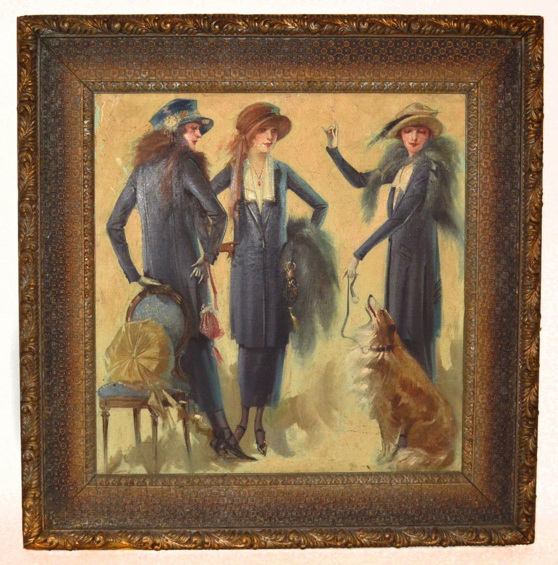 1910-1920s Fashion Illustration on Carton Board: Elegant oil painting depicting three stylized women in Edwardian dress suits. Unsigned. [Art 20 1/4" x 19". Frame 28 1/4" x 27 1/2"] Soiling, scuffs, minor flaking.