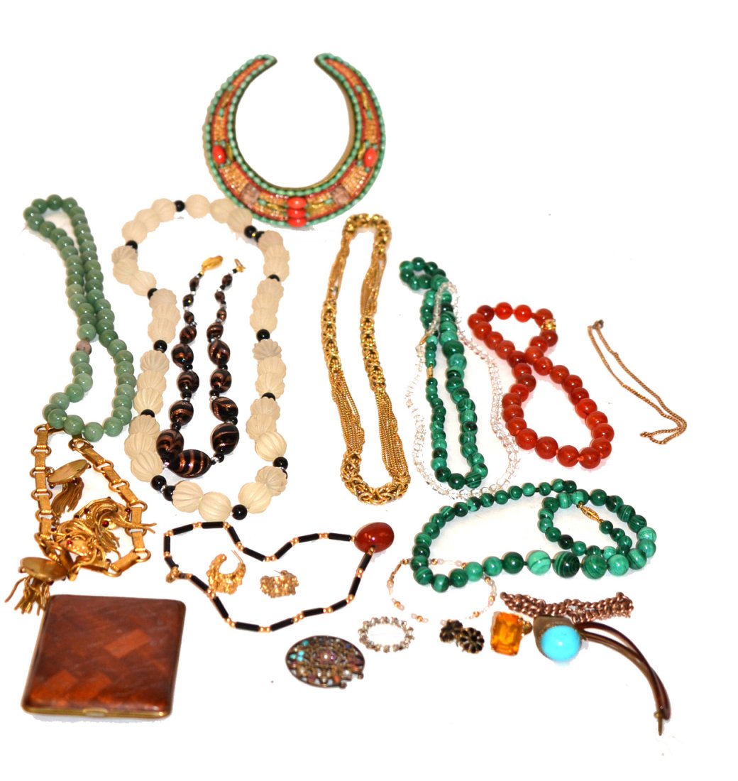 Assorted Costume Jewelry: Includes malachite and carnelian beads, beaded collar, etc. Most in good condition.