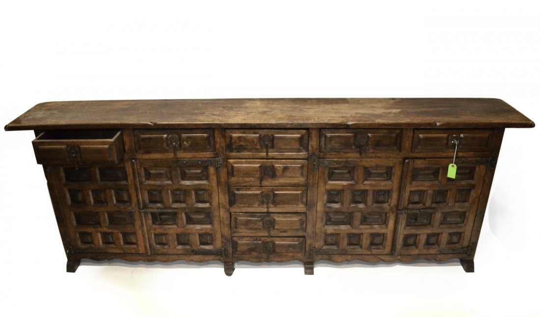 Continental Credenza: Antique walnut credenza. [97" L x 15 1/2" d x 33" h].