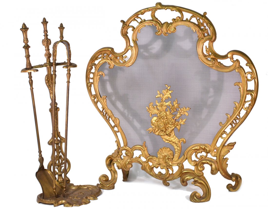 Fire Screen and Tools: Bronze floral carved fire screen together with a set of ornate fire tools. Four pieces total. [Screen: 27" x 29 1/2", Tools: 28 1/4" H].