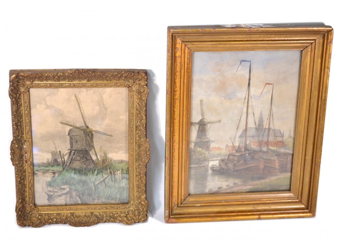 Two Dutch Works - Watercolor and Colored Pencil: The watercolor depicting a riverside scene with boats and windmill in the manner of Hendrikus Mack. The pencil drawing is a study of a windmill signed illegibly lower right. Overall in good condition.