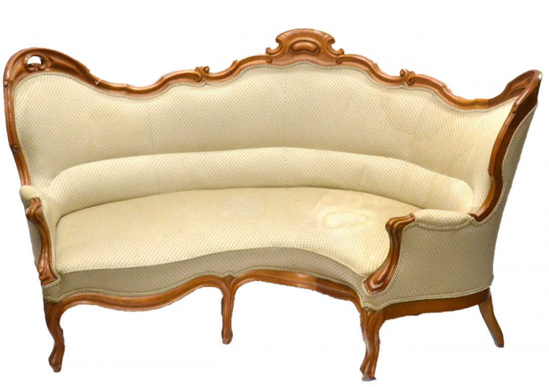 Biedermeier Sofa: Austrian upholstered and maple finished bow-shaped sofa, stamped: "Koopman." [90" L [approximate) x 40" D (approximate) x 44" H].