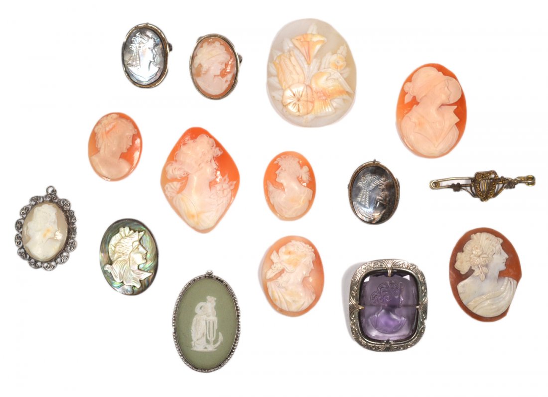 14 Assorted Cameos: Includes four mounted as pins, three mounted as pendants, and seven without mounts. Comprises: mother-of-pearl, purple glass, Wedgwood bisque porcelain, hardstone, and shell. Sizes from 2 1/8" to 1 7/