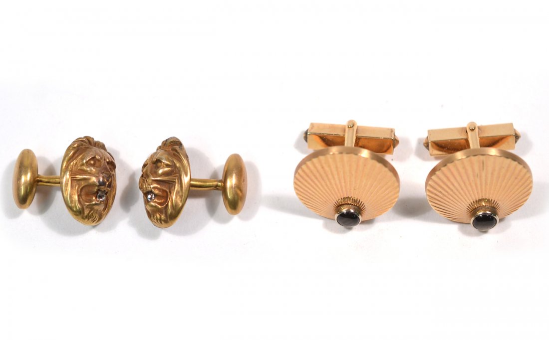 14k Gold Lucien Piccard Cufflinks and Others: Comprises: 1.) Pair of Lucien Piccard cufflinks with smokey cabochon accent stones [6.5 dwt], 2.) Pair of gold-filled lion's head cufflinks with each holding a rose cut accent diamond in mouth.