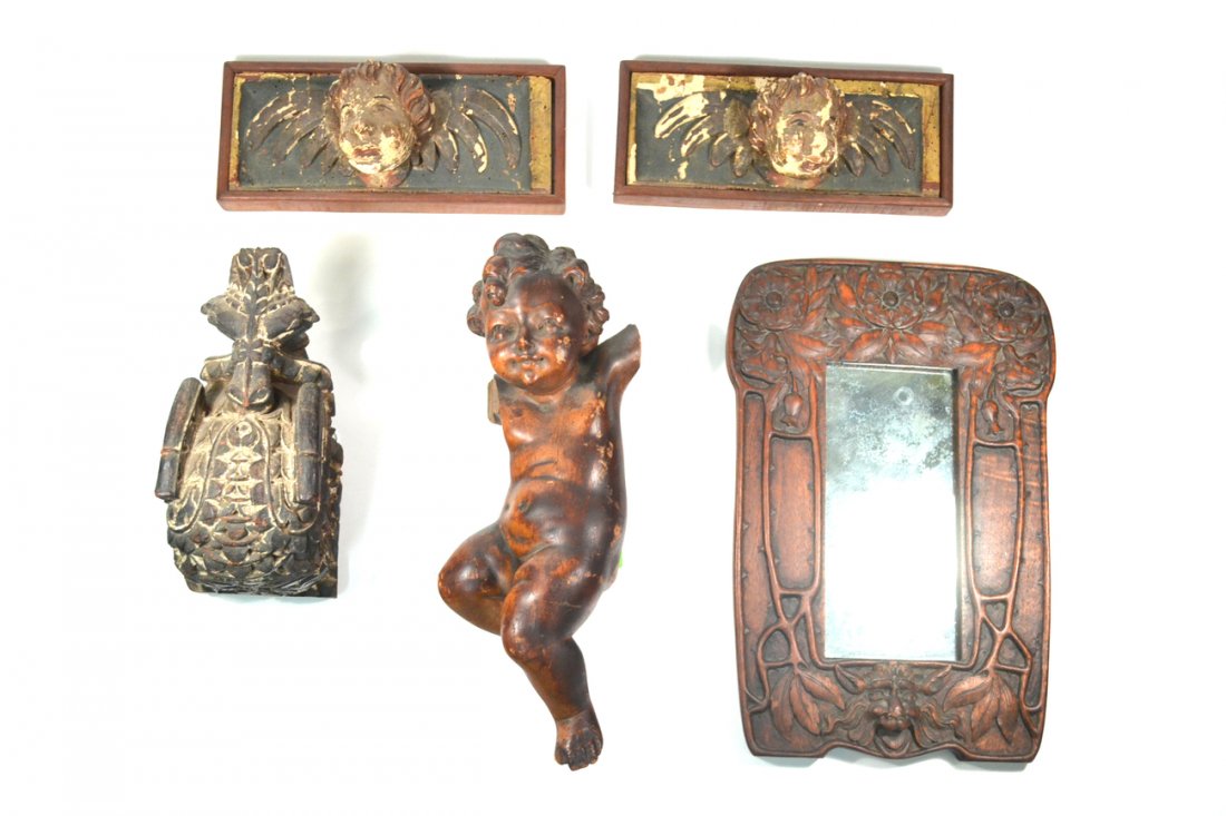 Five Carved Wood Articles: Five antique articles comprising of: 1.) Art nouveau carved walnut foyer mirror [9 1/4" W x 13 3/4" H], 2.) Pair of antique southern European carved angel head plaques, in walnut frames [9 3/4" W x 4 