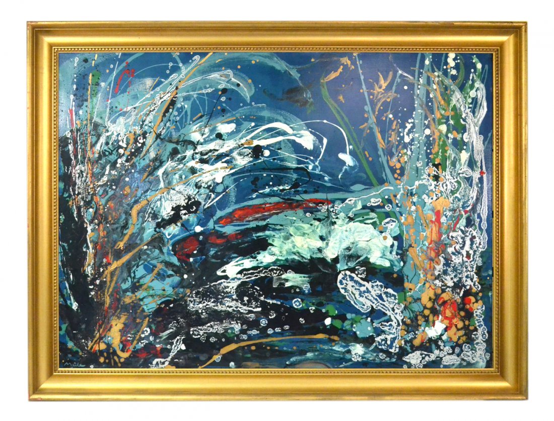Beryl Maile - "Energy": Gilt framed oil on canvas abstract signed lower left. Represented by the Dolphin Gallery. [Art: 48" x 36". Frame: 55" x 42"].