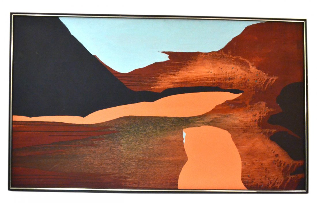 Dorothy Hood - "Root Wings": Abstract oil on canvas titled "Root Wings". [Art: 60" x 35". Frame: 61 1/2" x 36"]. The condition is good, though we have not examined it with a black light.