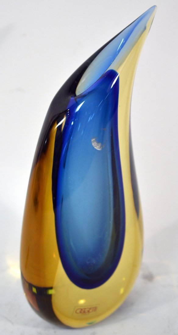 Italian Glass Vase: Multi-colored glass vase signed illegibly. By Oggetti, Italy. [11 1/4" H].