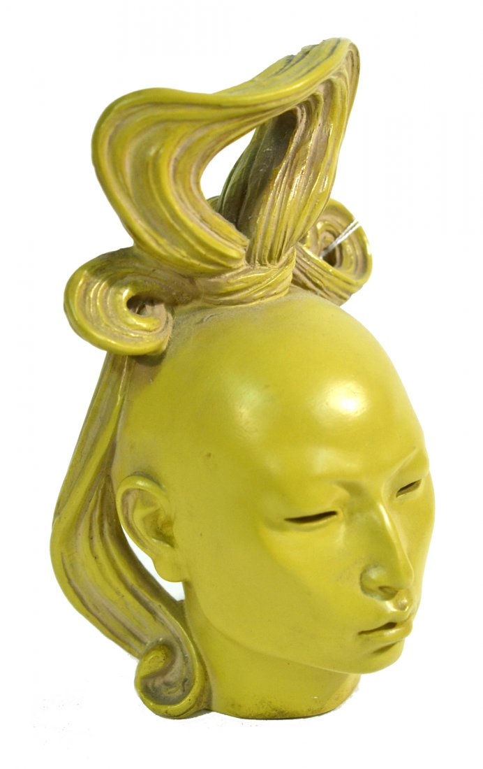 Vintage Fred Press Asian Female Bust: Stylized Mid-Century modern ceramic bust of an Asian woman with sculptural headdress and chartreuse finish. 5 5/8"W x 5 3/4"D x 10 1/8"H. Marked "(c) Fred Press" on back of neck. Some scuffs.