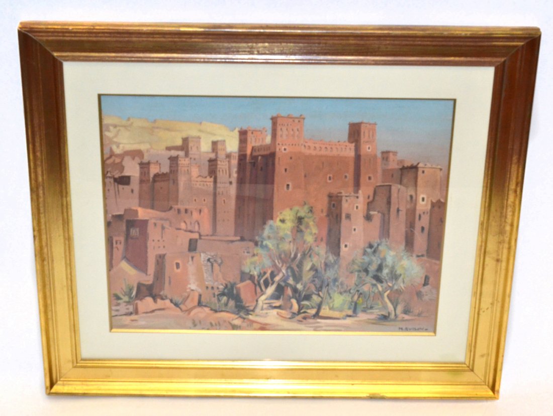 Marcel Busson, Village Scene: Framed painting of figures in a Moroccan village scene. In good condition, with some losses to frame. 35 1/2" x 29" frame], [24" x 19" art].