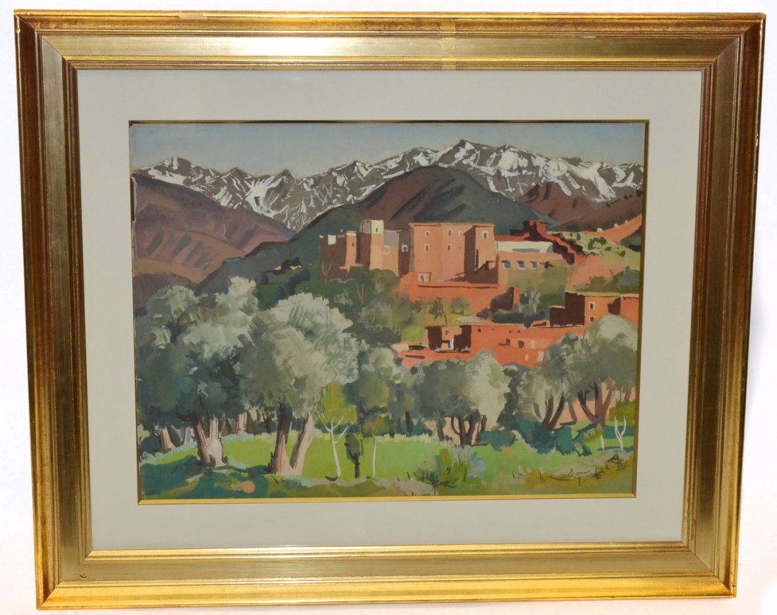 Marcel Busson - Village and Mountain: Framed painting of a Moroccan village amongst a mountainous landscape. Torn on the upper left, and loose mount. Some losses to frame. [2" x 19" art], [29" x 35 1/2" frame].