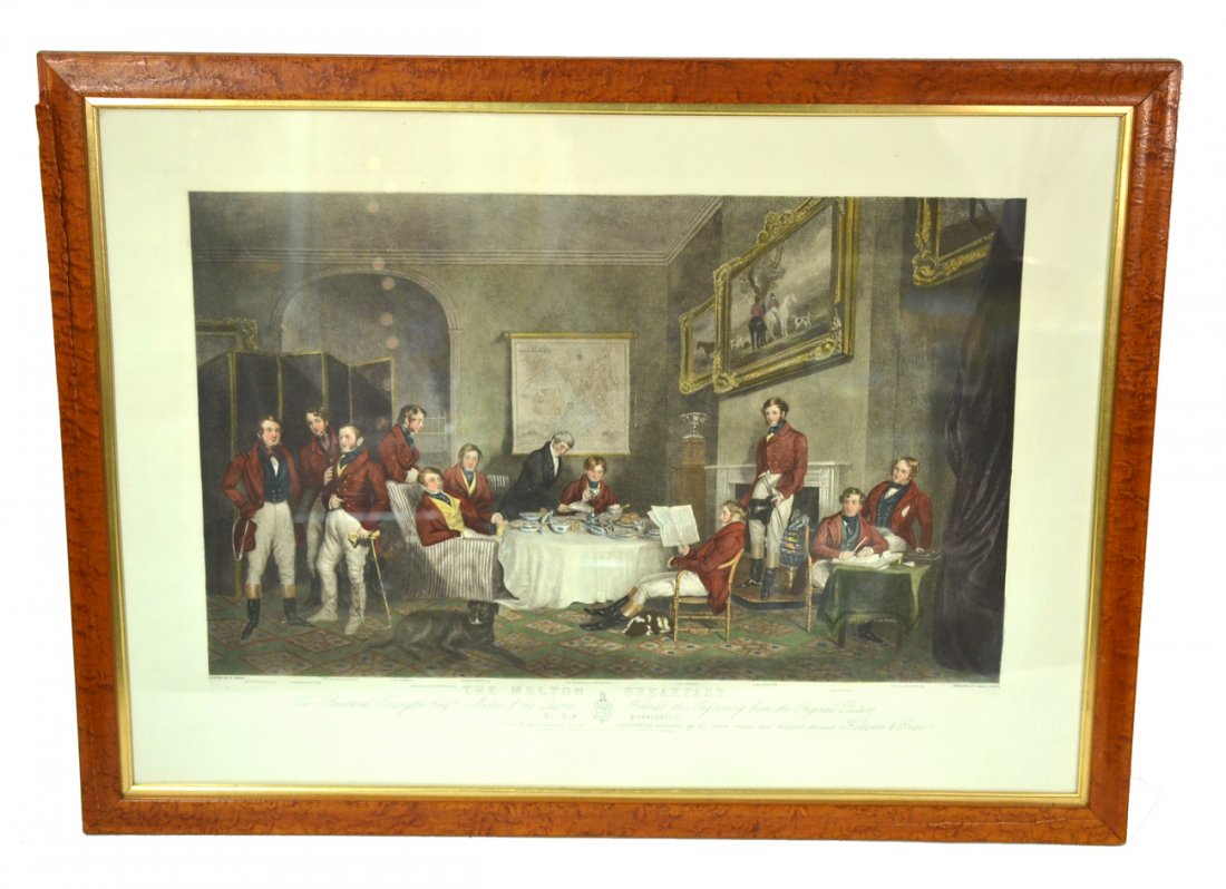 Print - "The Melton Breakfast": Engraving printed by Hodgson and Graves. [37 1/2" x 28" framed] [29 1/2" x 20 1/2" plate impression]. Print in good condition, frame has losses to maple veneer.