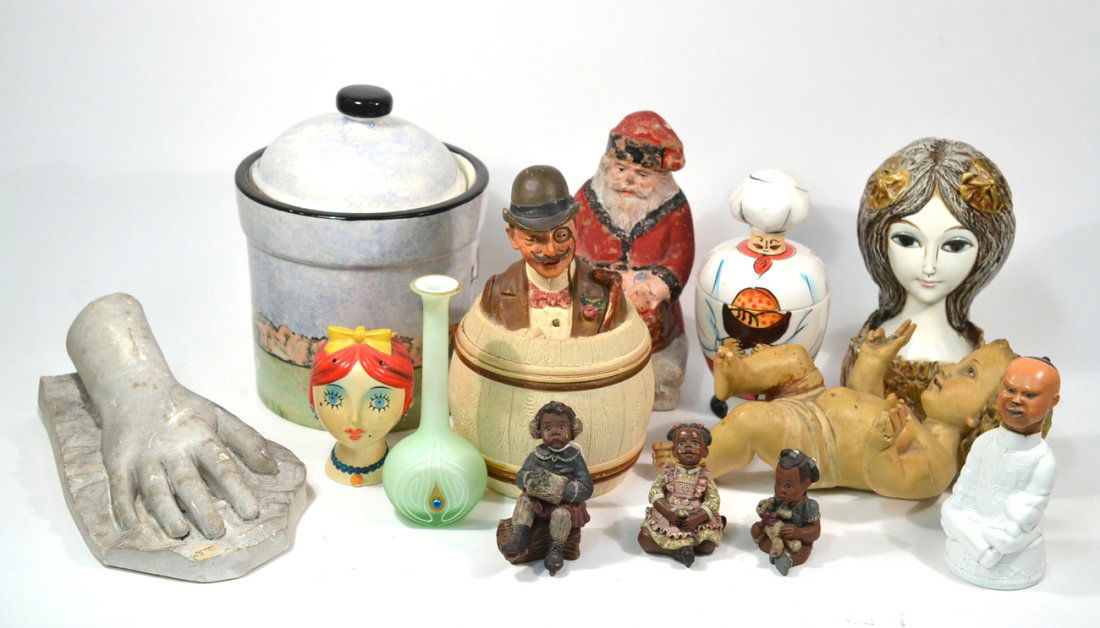 Assorted International Figural Articles: Comprises: ceramic, glass, composition, and papier mache. Includes: Baby Christ, Santa Claus, cookie jar, hand casting, potpourri, and others. Tallest 8 5/8"H. Condition varies, all sold together as i