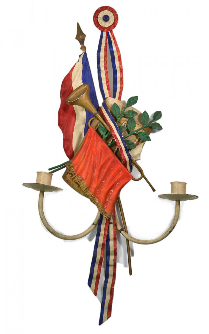 French Tole Painted Sconce: Two light candle sconce with French flag and drum motif back plate. [23 1/4" L]. Losses to paint.