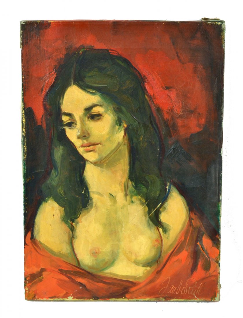 Jan de Ruth, Oil on Canvas - Female Nude: Bust-length depiction of a female nude in a 3/4 profile pose. Signed bottom right "Jan de Ruth". Art 17" x 12"W. Unframed. Craquelure, stretcher impression, few scratches.