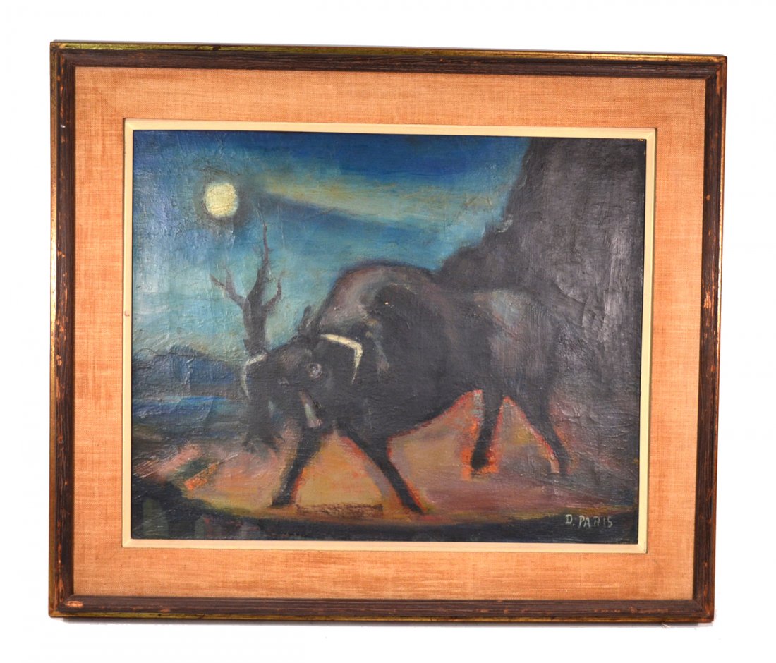 Dorothy Paris, Oil on Canvas - Bull: Features a bull in a modernist landscape. [Art: 19 1/2" x 15 1/2"; Frame: 26" x 22 1/4"]. Some craqueleure.
