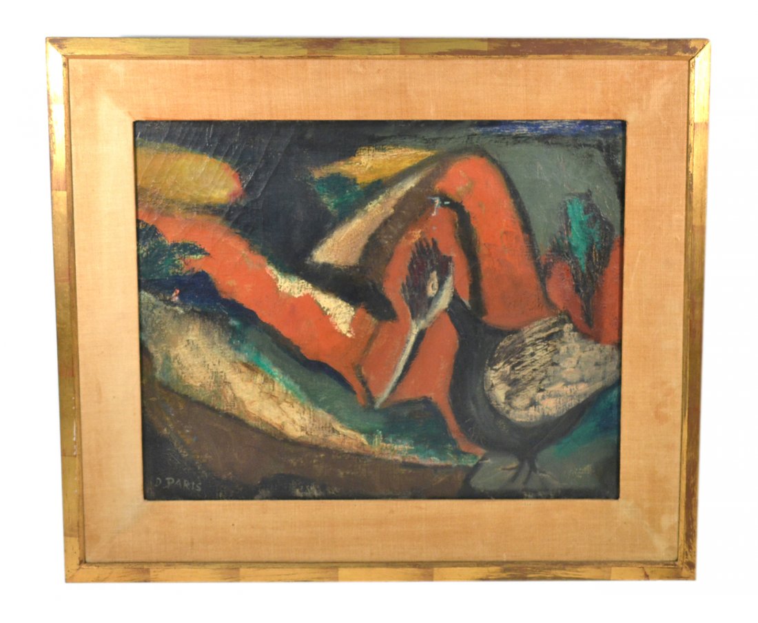 Dorothy Paris, Oil on Canvas - Bird: Features a bird in a stylized landscape. [Art: 19 1/2" x 15 1/2"; Frame: 26" x 22"]. Two punctures and stained mat.