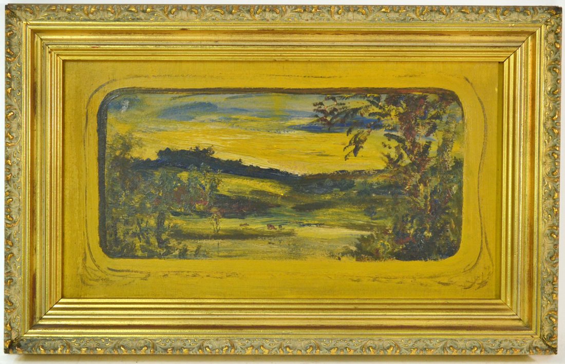 Attr. Louis Elshemius Oil on Panel - Landscape: Depicts a landscape with painted surround. Unsigned but marked on verso "Elshemius / Landcape Mat / Dorothy Paris" [sight 19" x 10 1/4"; frame 24" x 15 1/4"]