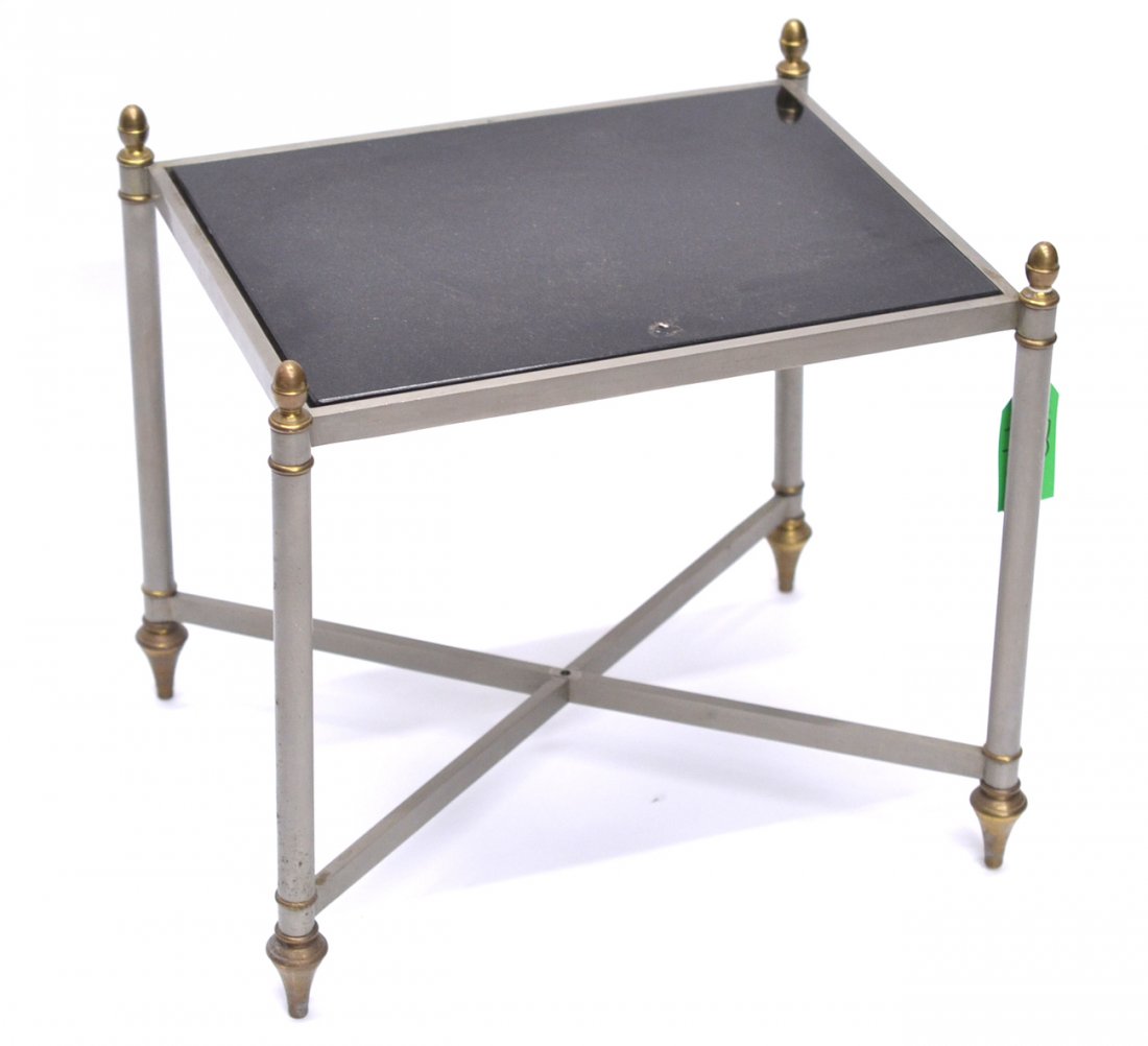 Chrome & Marble Low Table: 20th century modern chrome low table, black granite inset, brass finial and feet. [15" x 15" x 17 1/2 " H]
